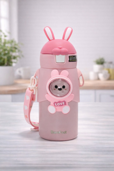 hediyeconcepti 500 ml Cute Rabbit Design Children's Thermos Flask with Straw ...
