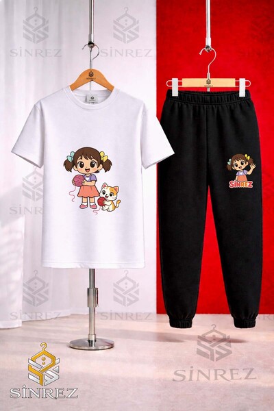 SİNREZ Children's Girl's Cat Ip Printed T-Shirt Sweatpants Set