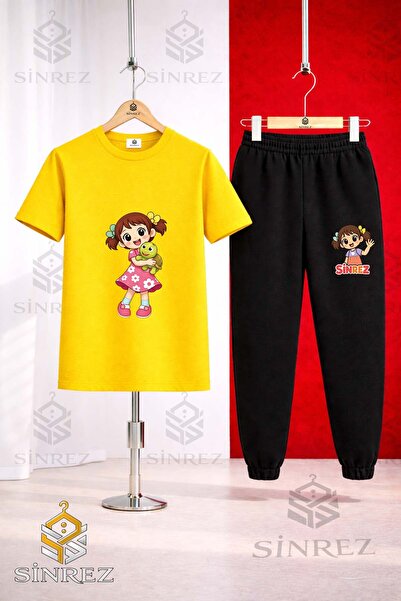 SİNREZ Children's Girls Turtle on the Arm Printed T-Shirt Tracksuit Set