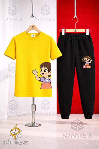 SİNREZ Children's Girls Left Side Printed T-Shirt Sweatpants Set