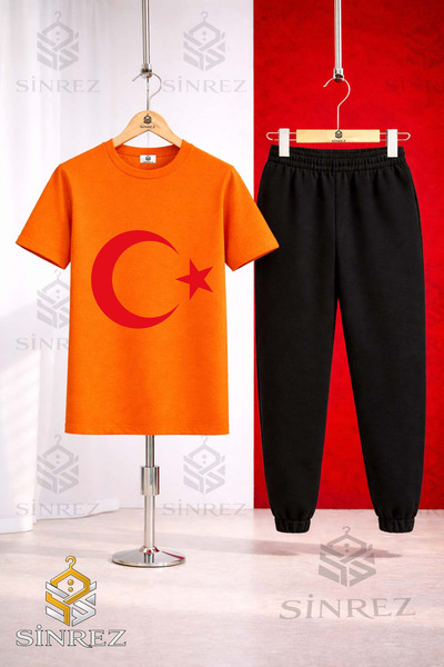 SİNREZ Children's Moon Star Red Printed T-Shirt Tracksuit Set