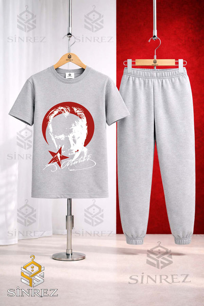 SİNREZ Children's Ataturk Red Moon Star White Printed T-Shirt Sweatpants Set
