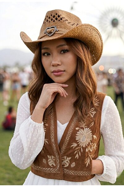 LAGRANZE Pălărie de cowboy din paie pentru femei Heart cu cataramă Western Su...