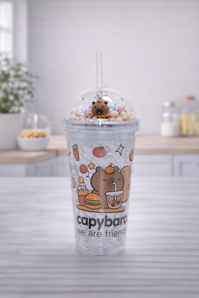 hediyeconcepti كوب كابيبارا منقوش للمشروبات الباردة مع غطاء شفاف وشفاطة، كوب ...