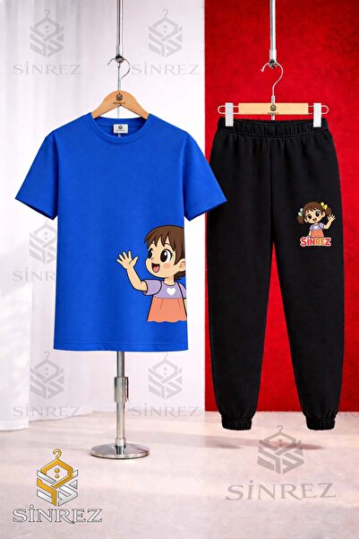 SİNREZ Children's Girls Left Side Printed T-Shirt Sweatpants Set