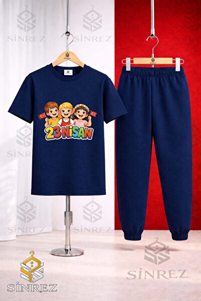 SİNREZ Children's 23 April 3Lu Cocuk Printed T-Shirt and Sweatpants Set