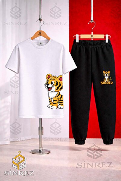 SİNREZ Children's Tiger Left Side Printed T-Shirt Tracksuit Set