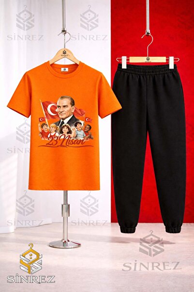 SİNREZ Children's Ata and Multiple Children 23 April Printed T-Shirt Sweatpan...