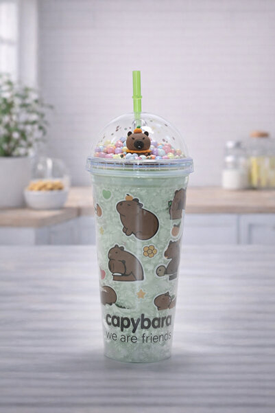 hediyeconcepti كوب كابيبارا منقوش للمشروبات الباردة مع غطاء شفاف وشفاطة، كوب ...