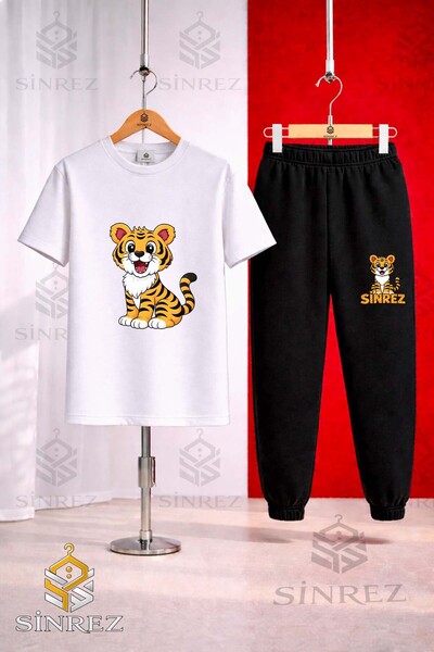 SİNREZ Children's T-Shirt and Sweatpants Set with Tiger Sitting Printed