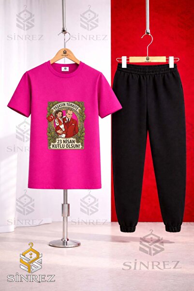 SİNREZ Set de trening cu tricou imprimat pentru copii ATA KIZ CERCEVE 23 NISAN