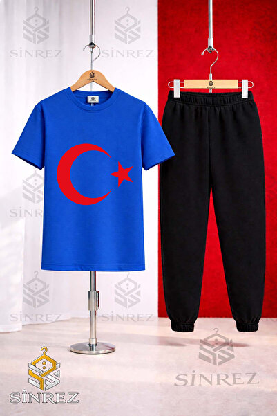 SİNREZ Set de trening pentru copii cu tricou imprimat cu lună și stea roșie