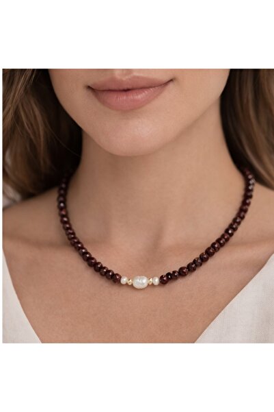 elinasaccessories Granat (Garnet) Doğal Taş Kolye – Barok İnci Detaylı El Yap...