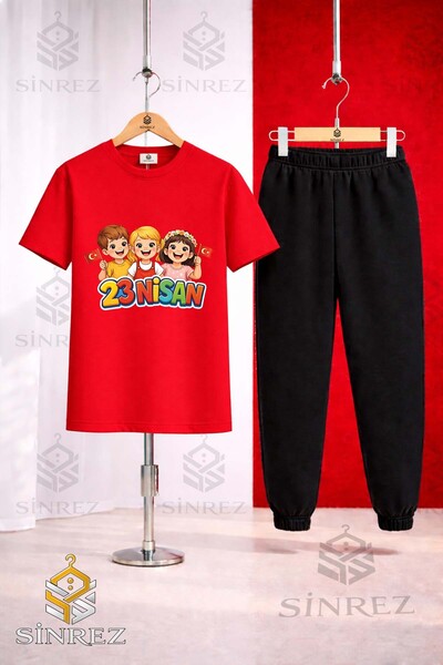 SİNREZ Children's 23 April 3Lu Cocuk Printed T-Shirt and Sweatpants Set