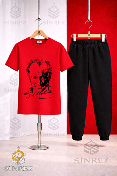 SİNREZ Children's Ataturk Signed Black Printed T-Shirt Tracksuit Set