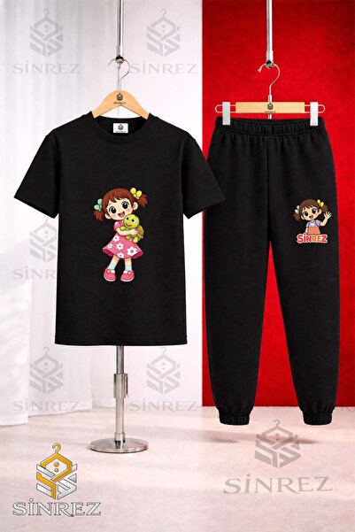SİNREZ Children's Girls Turtle on the Arm Printed T-Shirt Tracksuit Set
