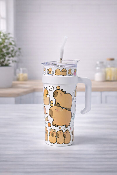 hediyeconcepti Cute Teddy Bear Thermos Cup with Patterned Straws and Handle D...