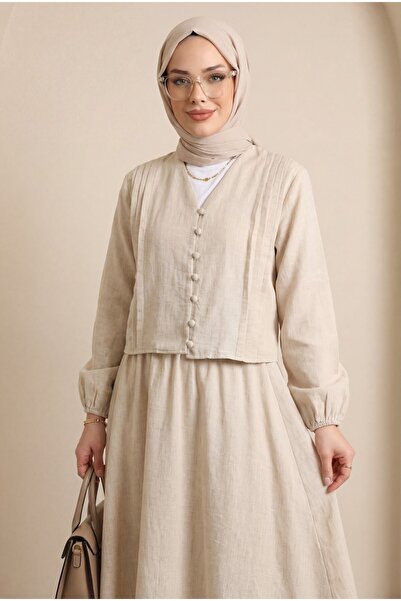 Modamorfo V-Neck Front with Buttons and Pleat Detail, Linen Set - Stone Color