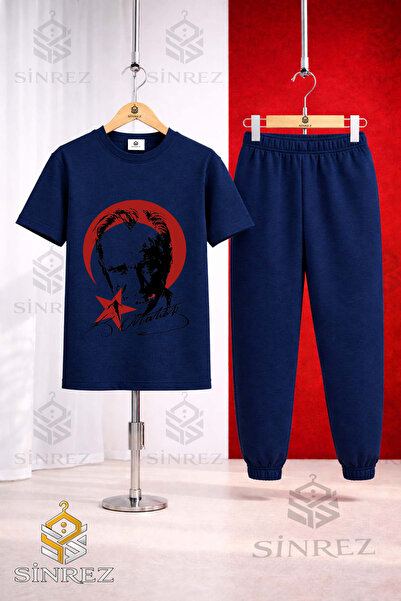 SİNREZ Children's Ataturk Red Moon Star Black Printed T-Shirt Sweatpants Set