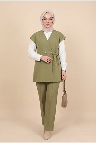 Modamorfo Button Detailed Double Lace-Up Vest Pants Double Crepe Set -Khaki