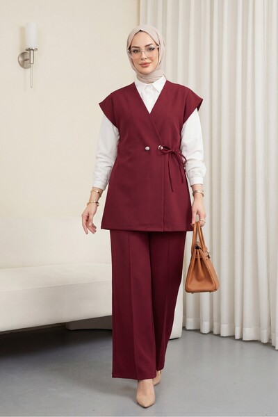 Modamorfo Button Detailed Double Lace-Up Vest Pants Double Crepe Set - Burgundy