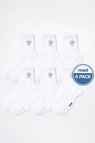 Mavi Daisy Embroidered (6 Pairs) White Socks