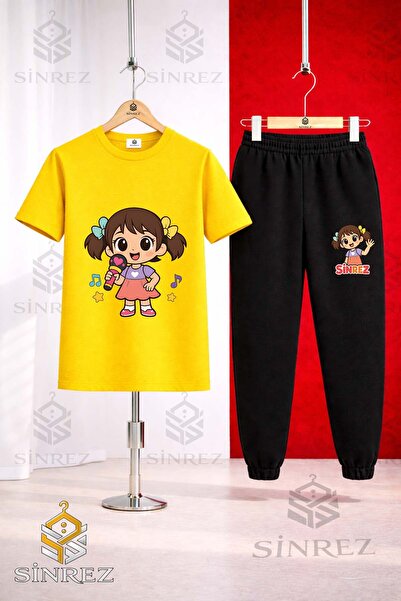 SİNREZ Children's Girls Printed T-Shirt Tracksuit Set with Microphone