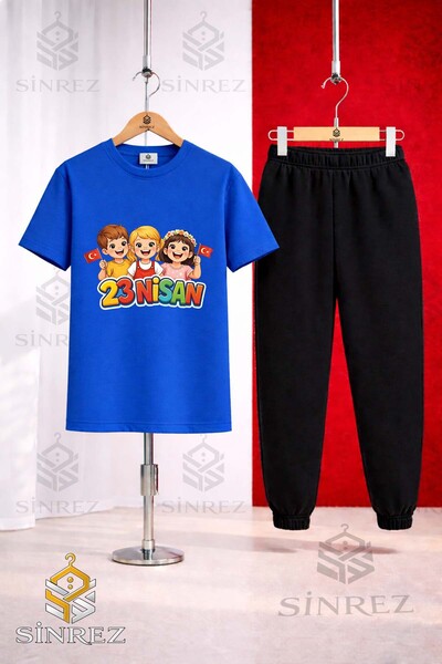 SİNREZ Children's 23 April 3Lu Cocuk Printed T-Shirt and Sweatpants Set