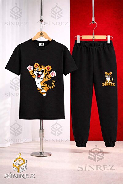 SİNREZ Set de trening pentru copii cu tricou imprimat TIGER HANDS IN THE AIR