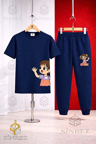 SİNREZ Children's Girls Left Side Printed T-Shirt Sweatpants Set