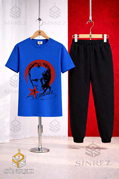 SİNREZ Children's Ataturk Red Moon Star Black Printed T-Shirt Sweatpants Set