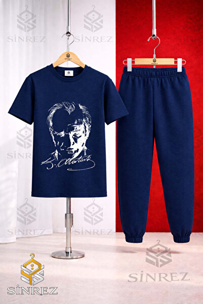 SİNREZ Children's Ataturk Signed White Printed T-Shirt Tracksuit Set