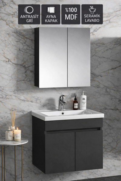 Multi Series 65 cm Antrasit Gri Mat Asma Banyo Dolabı Takımı - Seramik Lavabo...
