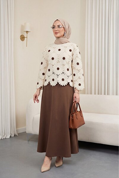 Modamorfo Kayık Yaka Papatya Patterned Knitwear Blouse -Beige