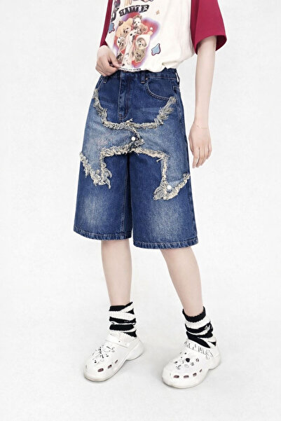 deniva Women's Y2K Oversized Baggy Star Jeans (Denim) Bermuda Shorts