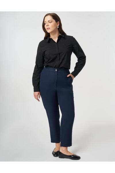 Kayra Elastic Waist Carrot Cut Trousers Dark Navy Blue