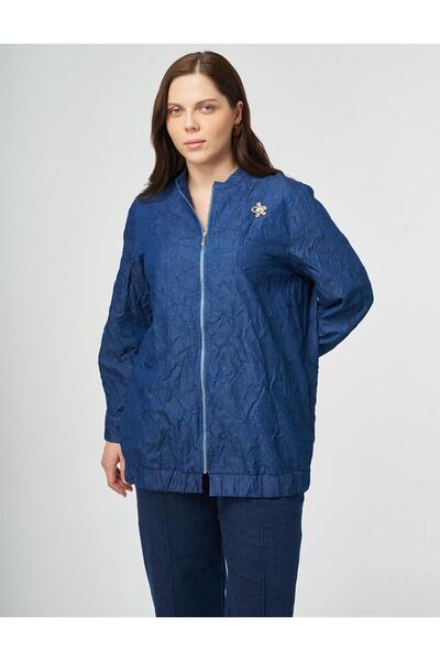 Kayra Brooch Detailed Embossed Pattern Jacket Indigo