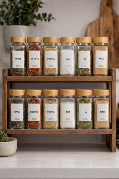 Kezze 12'li Bambu Kapaklı Baharatlık Seti 16 Adet Etiket Hediyeli