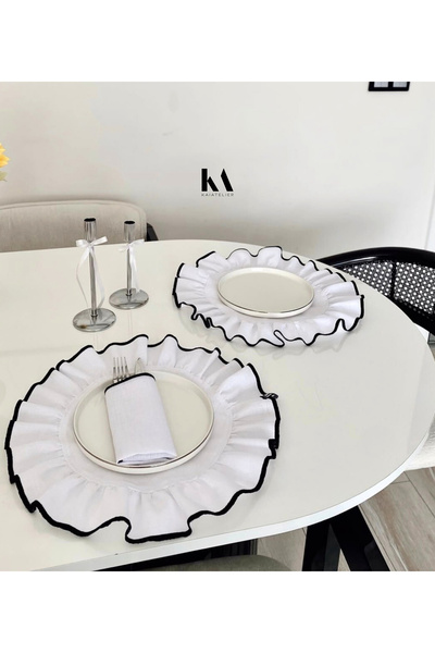 KaiAtelier 6-Piece White Shine Embroidered Ruffle Set Linen Supla / Placemat