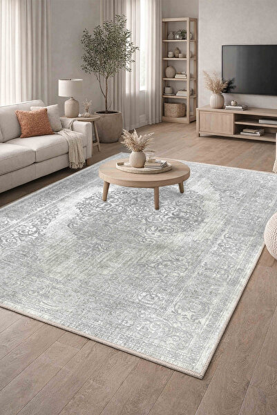 CENTER AVM Gri Halı Salon Halısı Makinede Yıkanabilir Halı Kaymaz Taban Halı