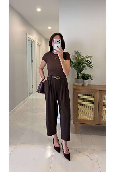 BİRCANÇİL Pantaloni Kerta maro cu detaliu în talie