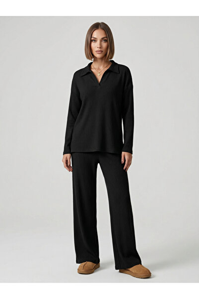 TALY Set of 2 - Sharded Interlock Polo Neck Blouse with Pants Set