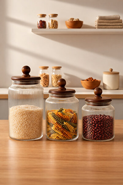 Paşabahçe 3'lü Akasya Kapaklı Vakumlu Çizgili Cam Kavanoz Seti 1700ml/1200ml/...