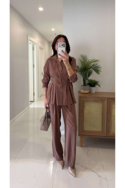 BİRCANÇİL Set cămașă și pantaloni asimetric Turno Milk Coffee croială curea p...