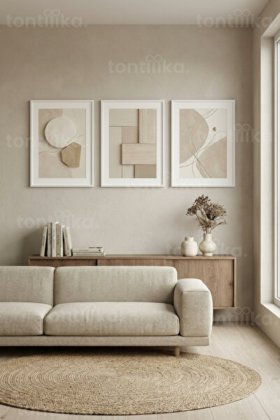 Tontilika Doğal Minimalist Soyut Formlar 3’lü Ahşap Çerçeveli Tablo Seti