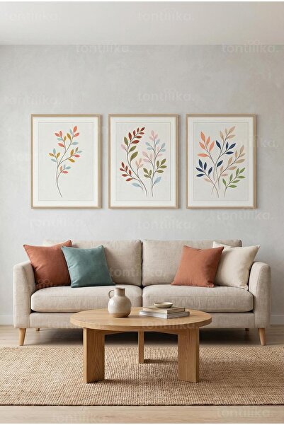 Tontilika Modern Doğal Yaprak Desenleri 3’lü Ahşap Çerçeveli Tablo Seti