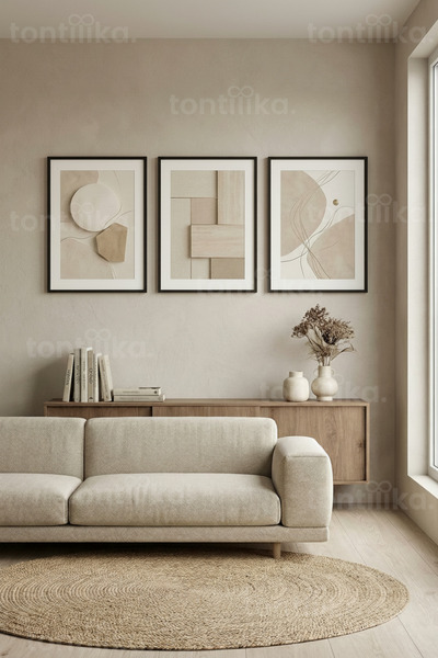 Tontilika Doğal Minimalist Soyut Formlar 3’lü Ahşap Çerçeveli Tablo Seti