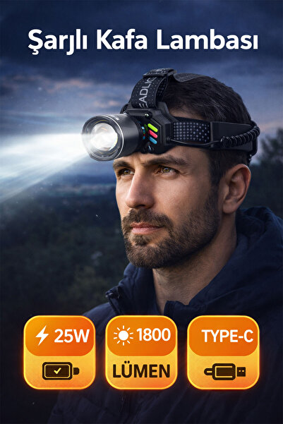 Badem10 Şarjlı Profesyonel LED Kafa Lambası 25W 1800 Lümen Kamp Madenci Balık...