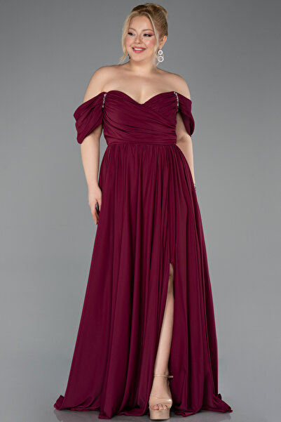 Abiyefon Vişne Kayık Yaka Uzun Şifon Büyük Beden Abiye ABU3738