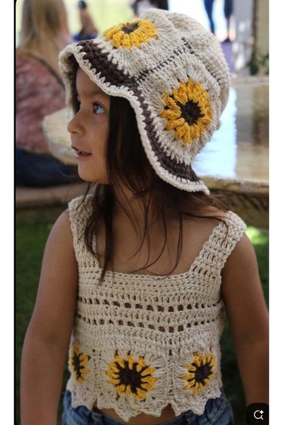 MEGA Megahan kız ccocuk el örgü ayçıcek motıflı yazlık takım